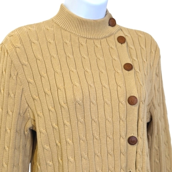 Lauren Ralph Lauren 100% Cotton Cable Knit Sweater Off Center Buttons Camel P/L - Picture 4 of 10